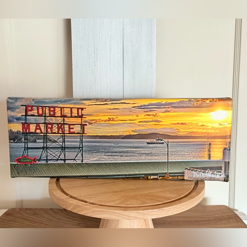 Seattle~Pikes Market Colorful Umbrella and Public Market Canvas Art Set/2 - Picture 6 of 10